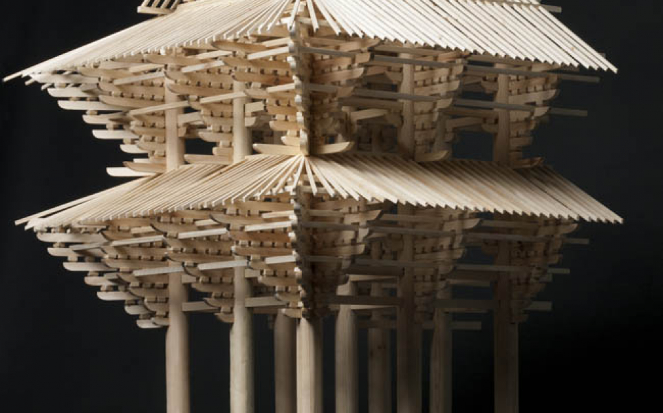 Construction and Scale Model of Japanese Temple Gate by Studio 3.2 (2015) and completed building in the grounds of Dorich House Museum