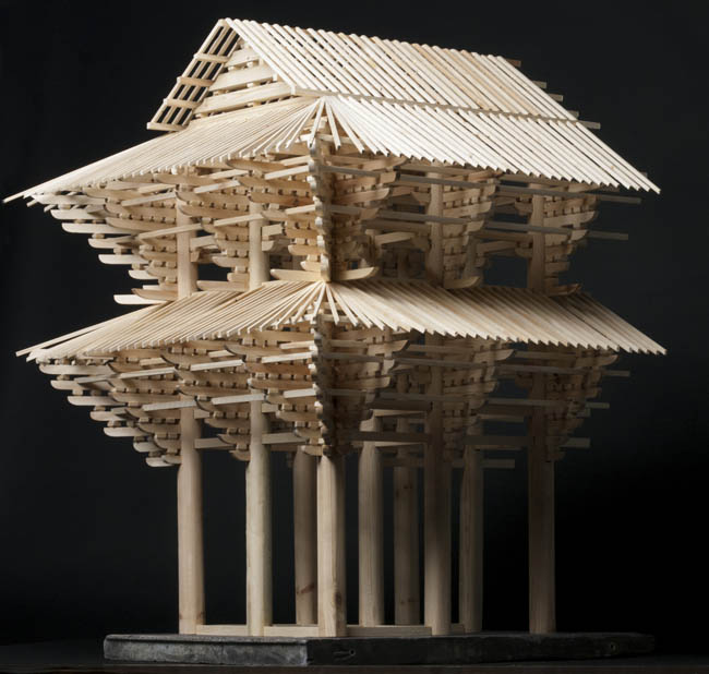 Construction and Scale Model of Japanese Temple Gate by Studio 3.2 (2015) and completed building in the grounds of Dorich House Museum