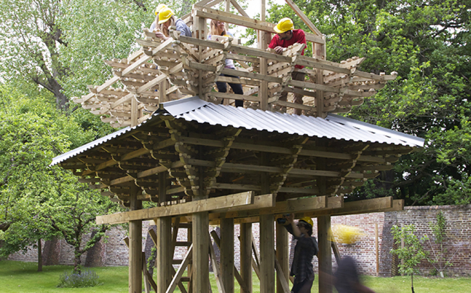 Construction and Scale Model of Japanese Temple Gate by Studio 3.2 (2015) and completed building in the grounds of Dorich House Museum