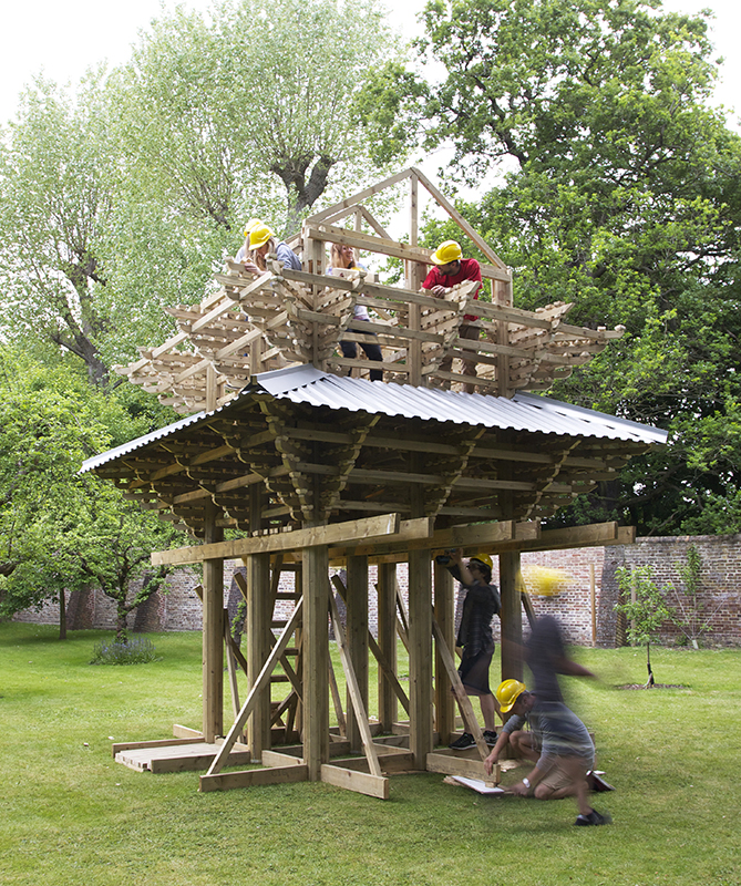 Construction and Scale Model of Japanese Temple Gate by Studio 3.2 (2015) and completed building in the grounds of Dorich House Museum