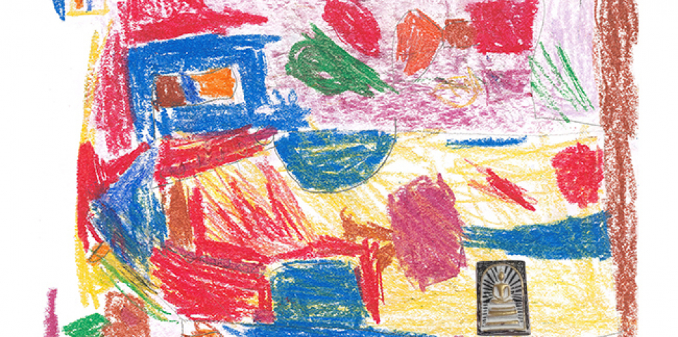 Ellie-May - Abstract composition in pastel inspired by cFine Art graduate Krittikarn Maleewan Pedrick's mixed-media installation, Welcome to Thailand and overlaid with a 'lucky token' as a gift from one artist to another.