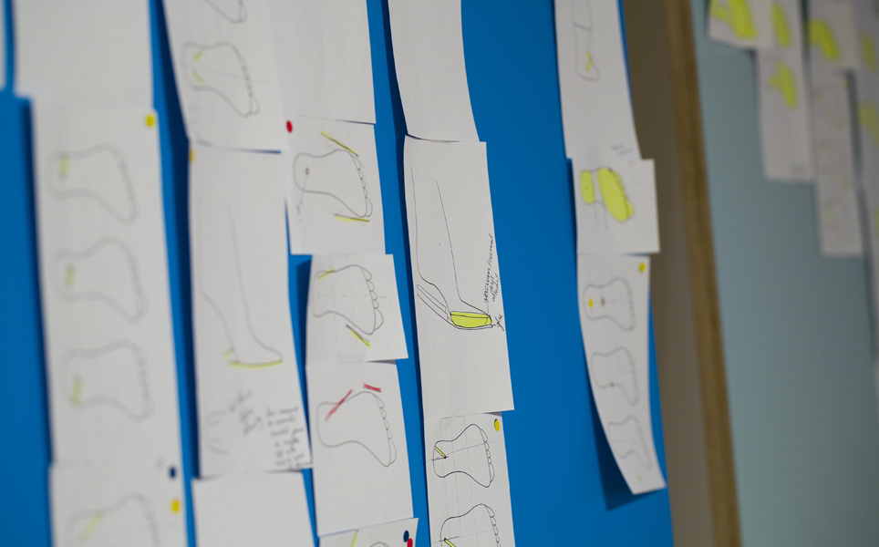 Marloes ten Bhömer A Measurable Factor Sets the Conditions of its Operation (2012) shoe designs derived from various combinations of foot and ground contact points. Photography Ellie Laycock